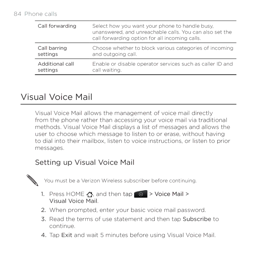 HTC Thunderbolt manual Setting up Visual Voice Mail 