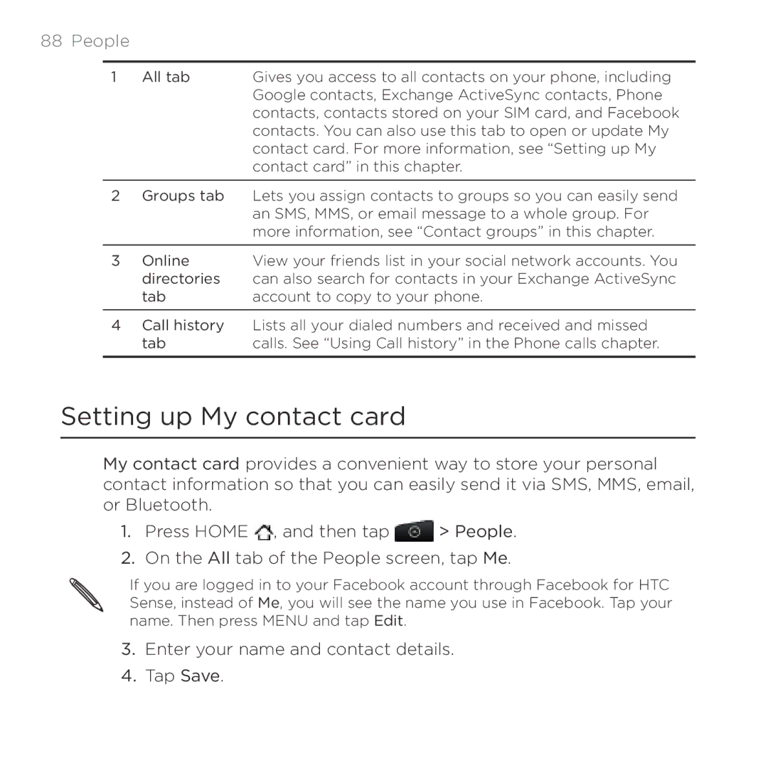 HTC Thunderbolt manual Setting up My contact card, People 