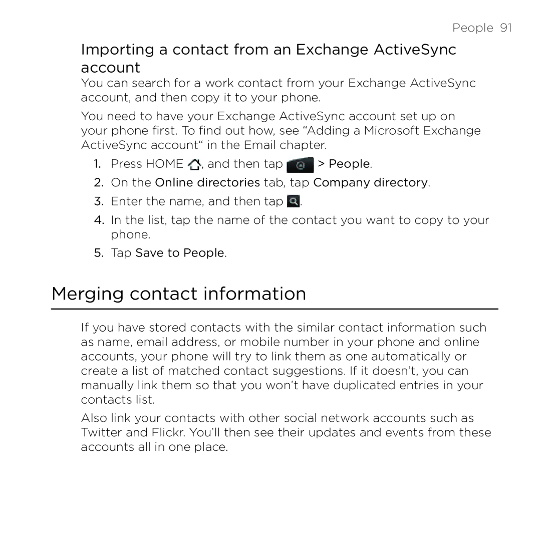 HTC Thunderbolt manual Merging contact information, Importing a contact from an Exchange ActiveSync account 