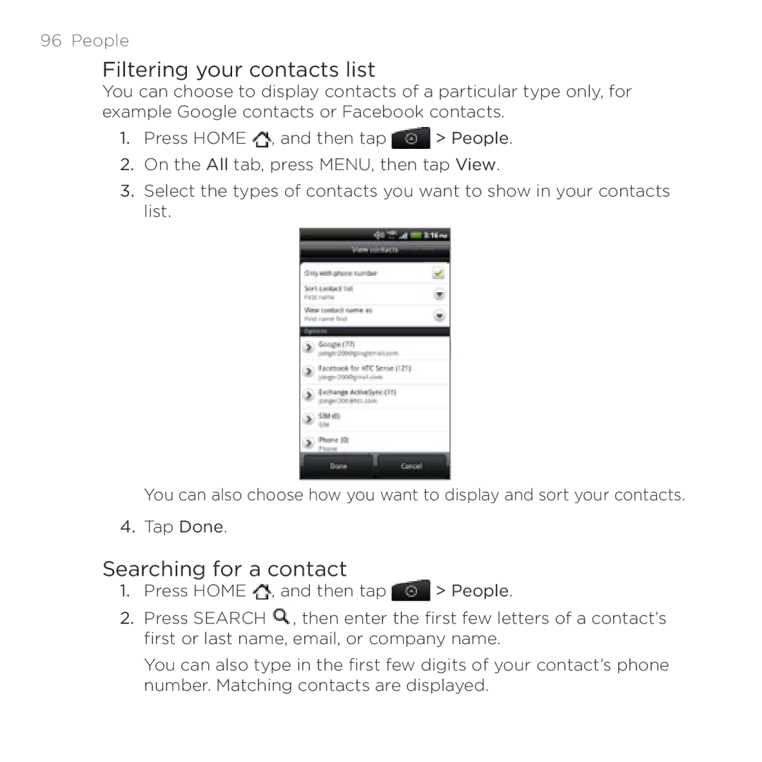 HTC Thunderbolt manual Filtering your contacts list, Searching for a contact 