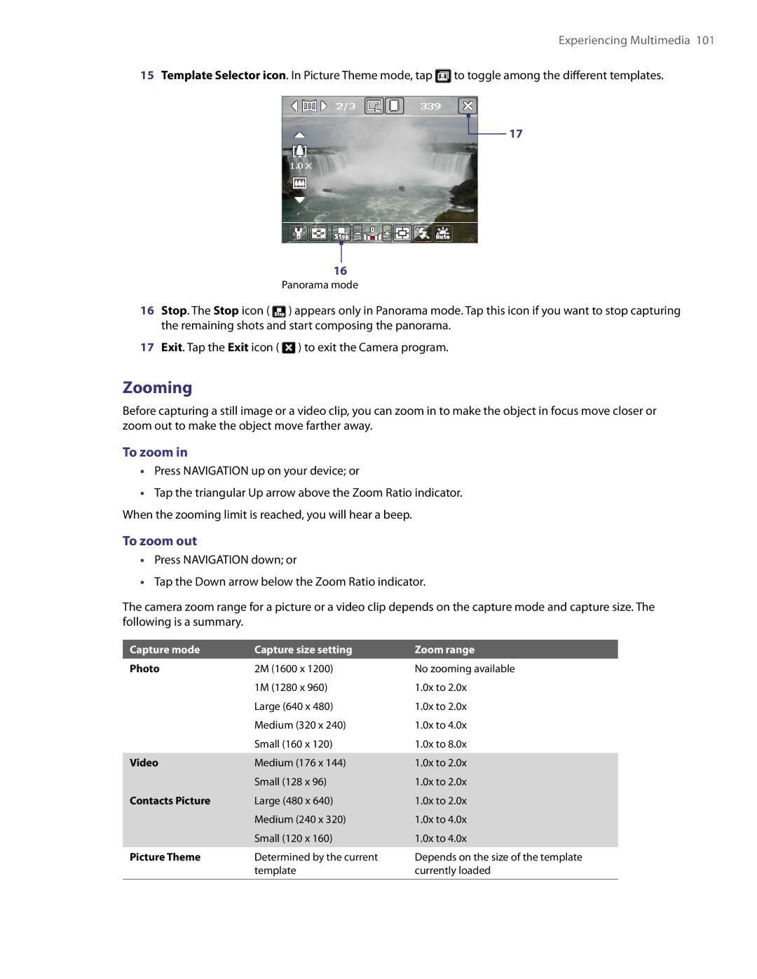 HTC TITA100 user manual Zooming, To zoom out, Capture mode Capture size setting Zoom range 