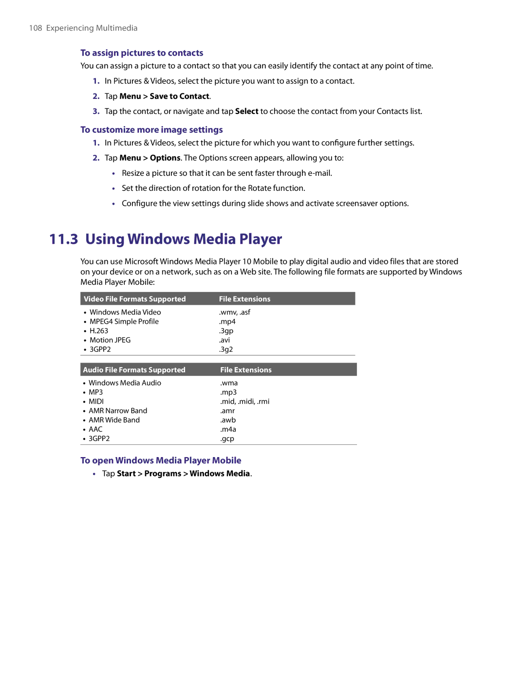 HTC TITA100 user manual Using Windows Media Player, To assign pictures to contacts, To customize more image settings 