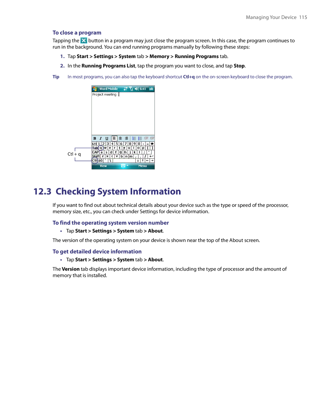 HTC TITA100 user manual Checking System Information, To close a program, To find the operating system version number 