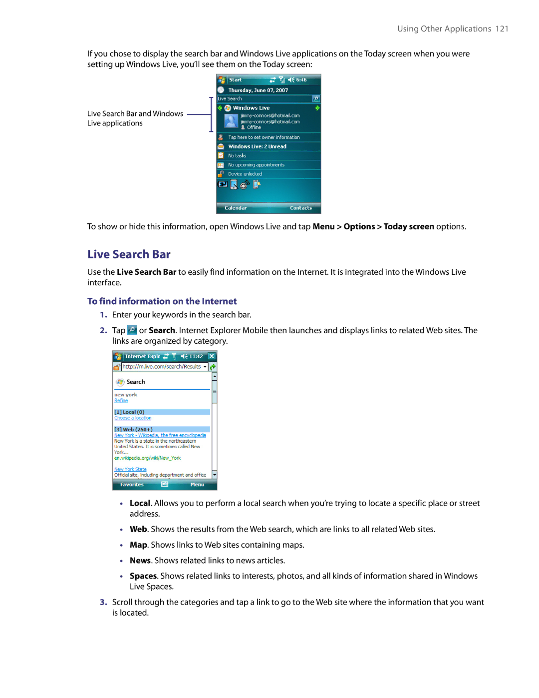 HTC TITA100 user manual Live Search Bar, To find information on the Internet 