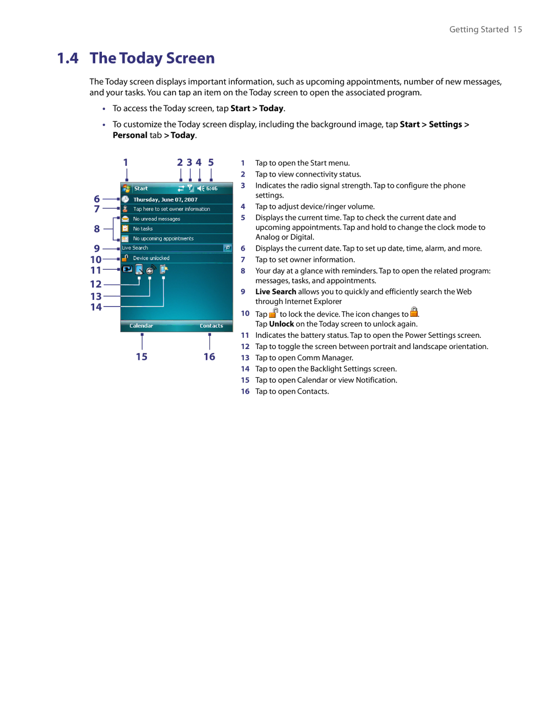 HTC TITA100 user manual Today Screen 