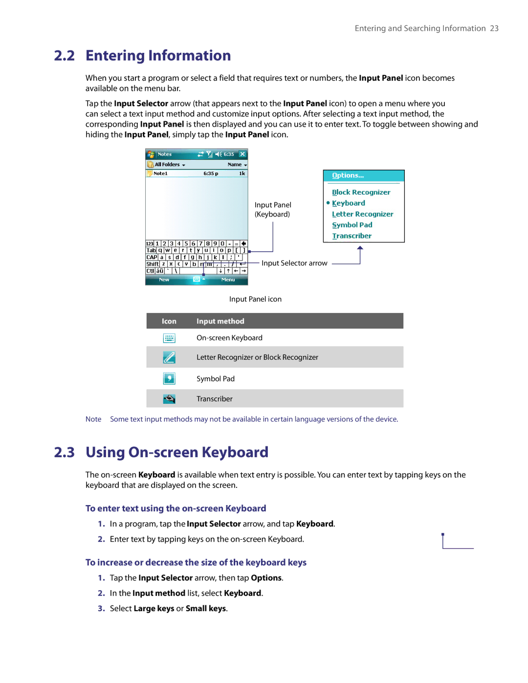 HTC TITA100 user manual Entering Information, Using On-screen Keyboard, To enter text using the on-screen Keyboard 