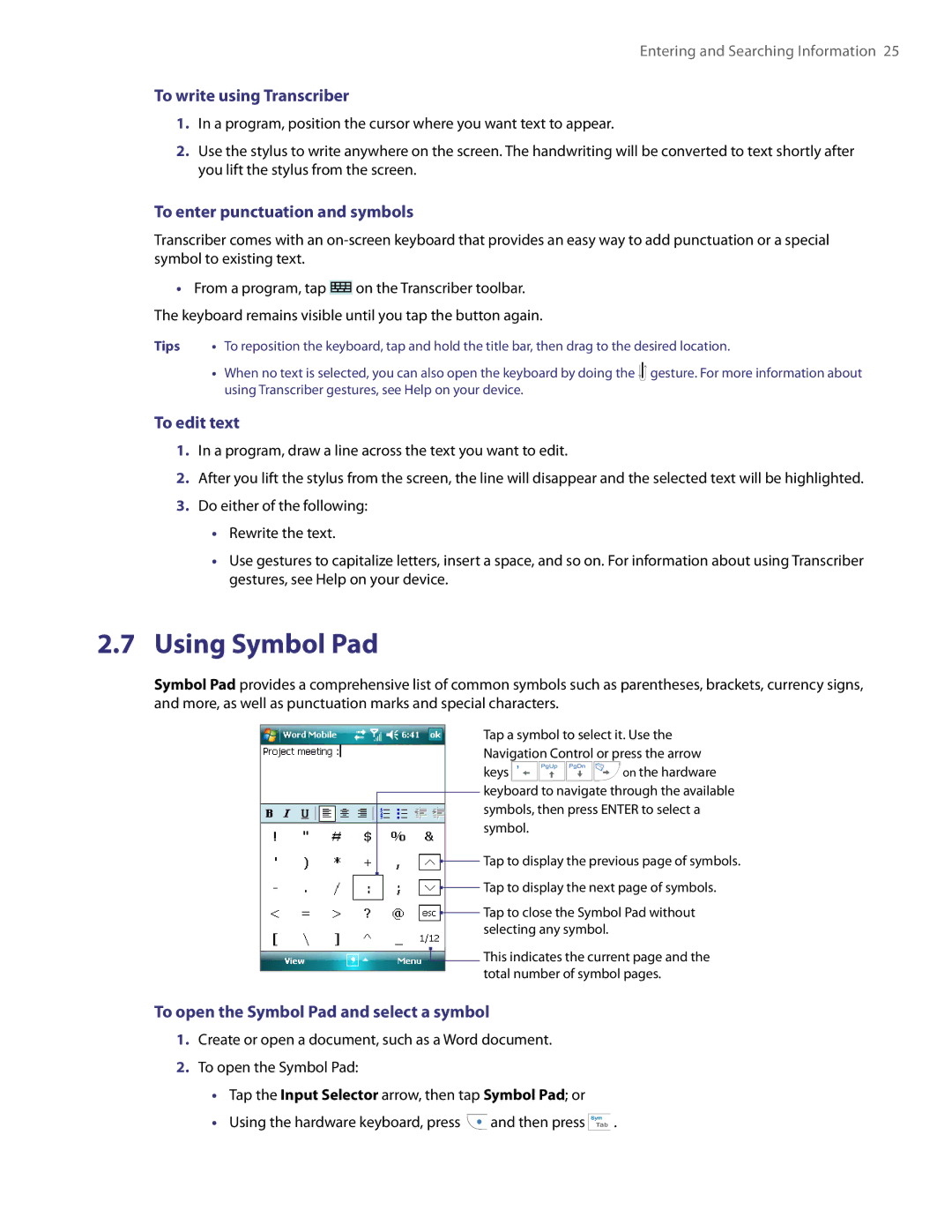 HTC TITA100 user manual Using Symbol Pad, To write using Transcriber, To enter punctuation and symbols, To edit text 