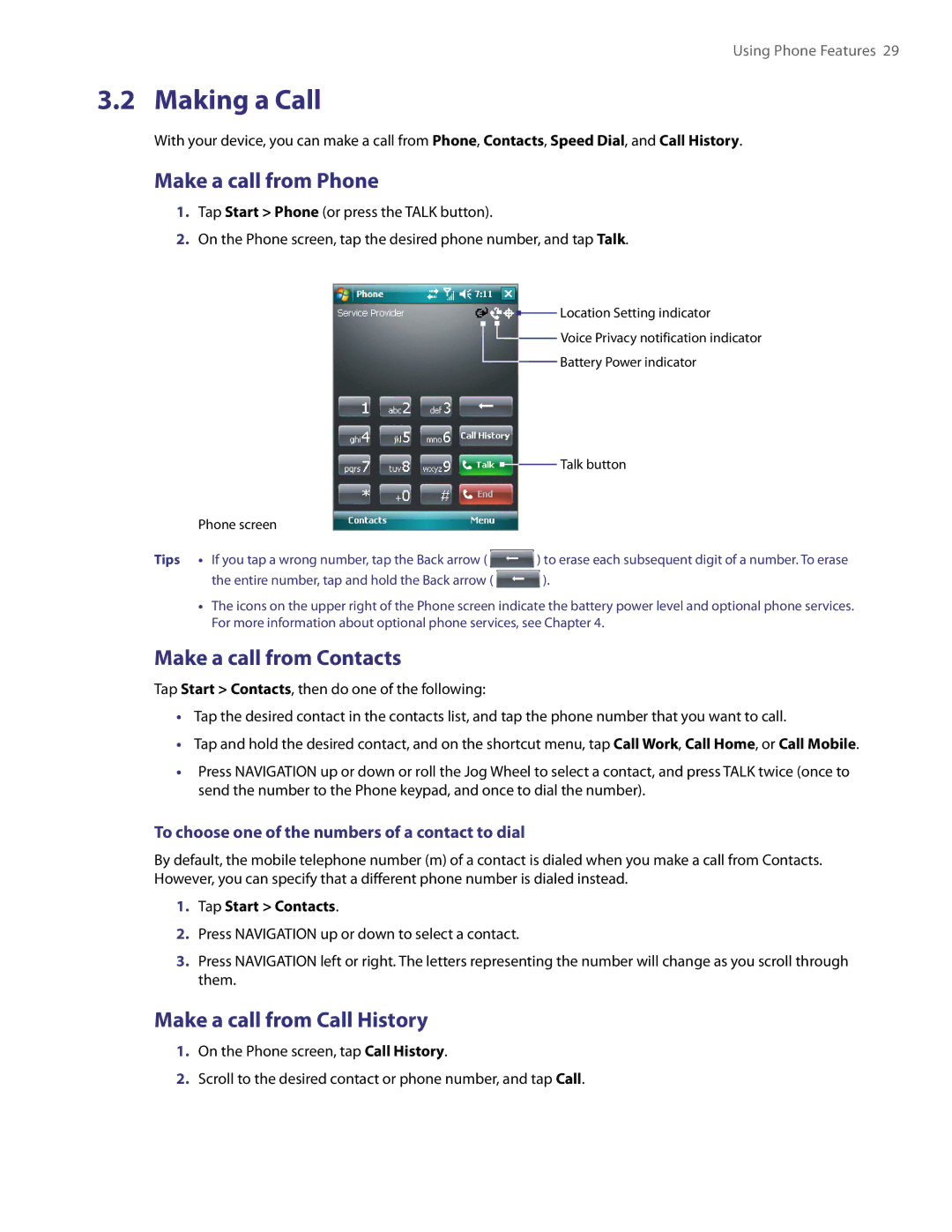 HTC TITA100 user manual Making a Call, Make a call from Phone, Make a call from Contacts, Make a call from Call History 