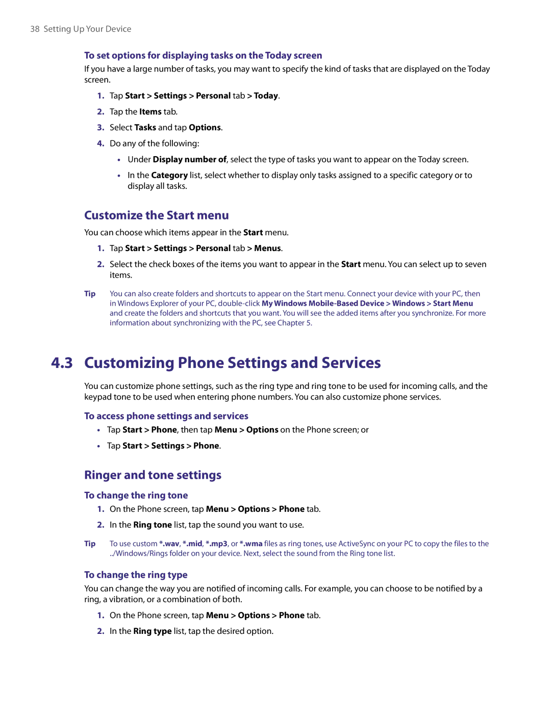 HTC TITA100 user manual Customizing Phone Settings and Services, Customize the Start menu, Ringer and tone settings 