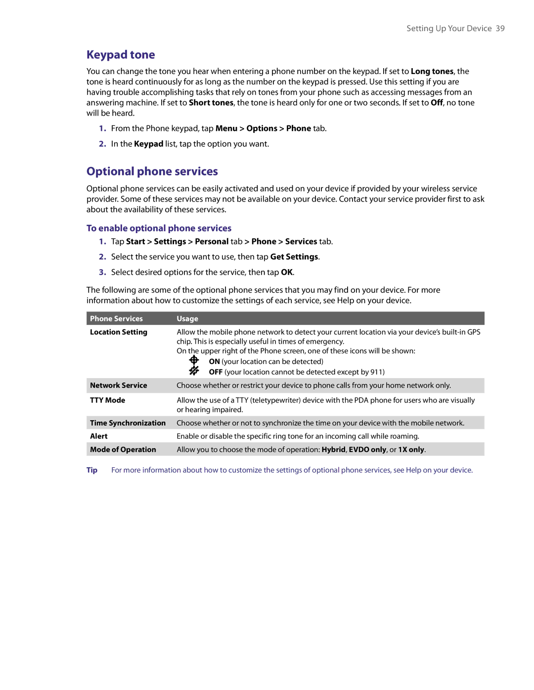 HTC TITA100 user manual Keypad tone, Optional phone services, To enable optional phone services, Phone Services Usage 