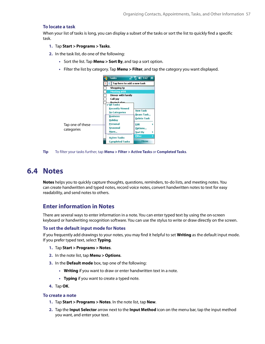 HTC TITA100 Enter information in Notes, To locate a task, To set the default input mode for Notes, To create a note 