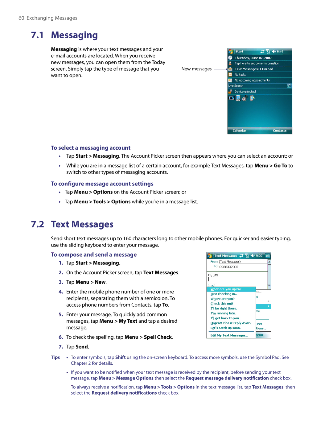 HTC TITA100 user manual Messaging, Text Messages, To select a messaging account, To configure message account settings 