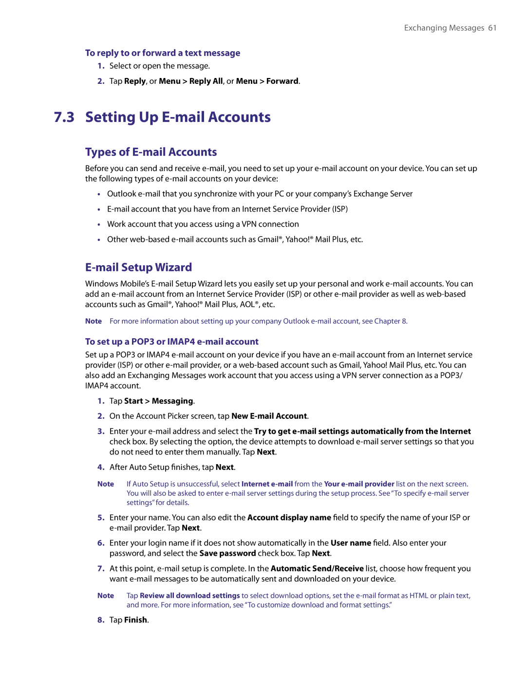 HTC TITA100 Setting Up E-mail Accounts, Types of E-mail Accounts, Mail Setup Wizard, To reply to or forward a text message 