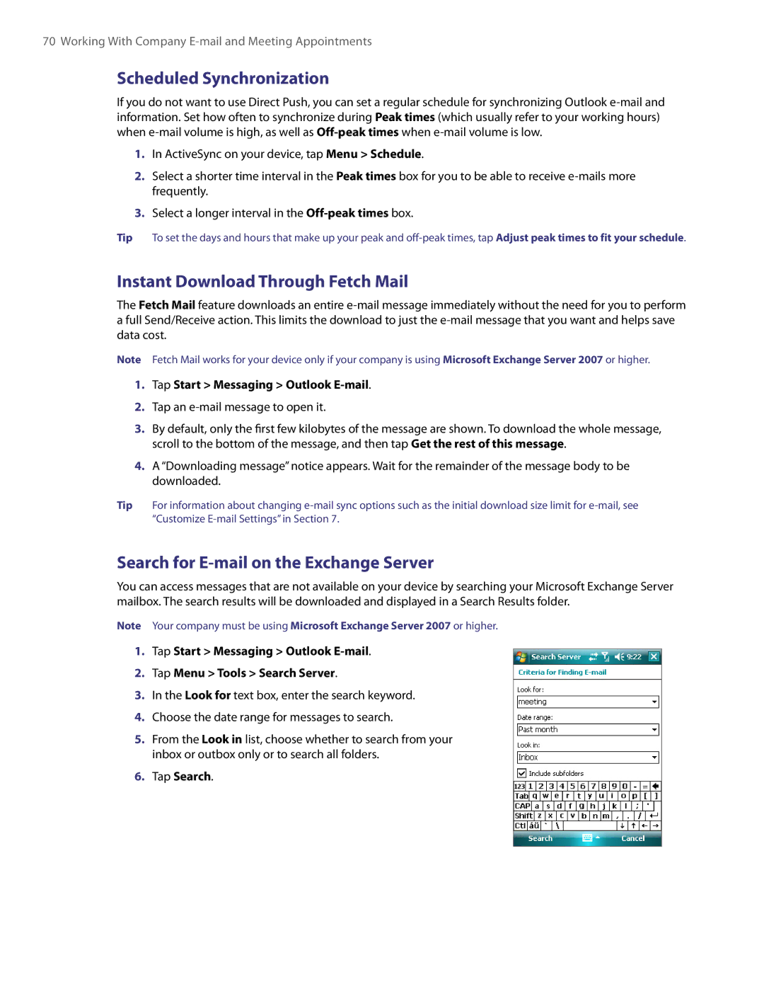 HTC TITA100 Scheduled Synchronization, Instant Download Through Fetch Mail, Search for E-mail on the Exchange Server 