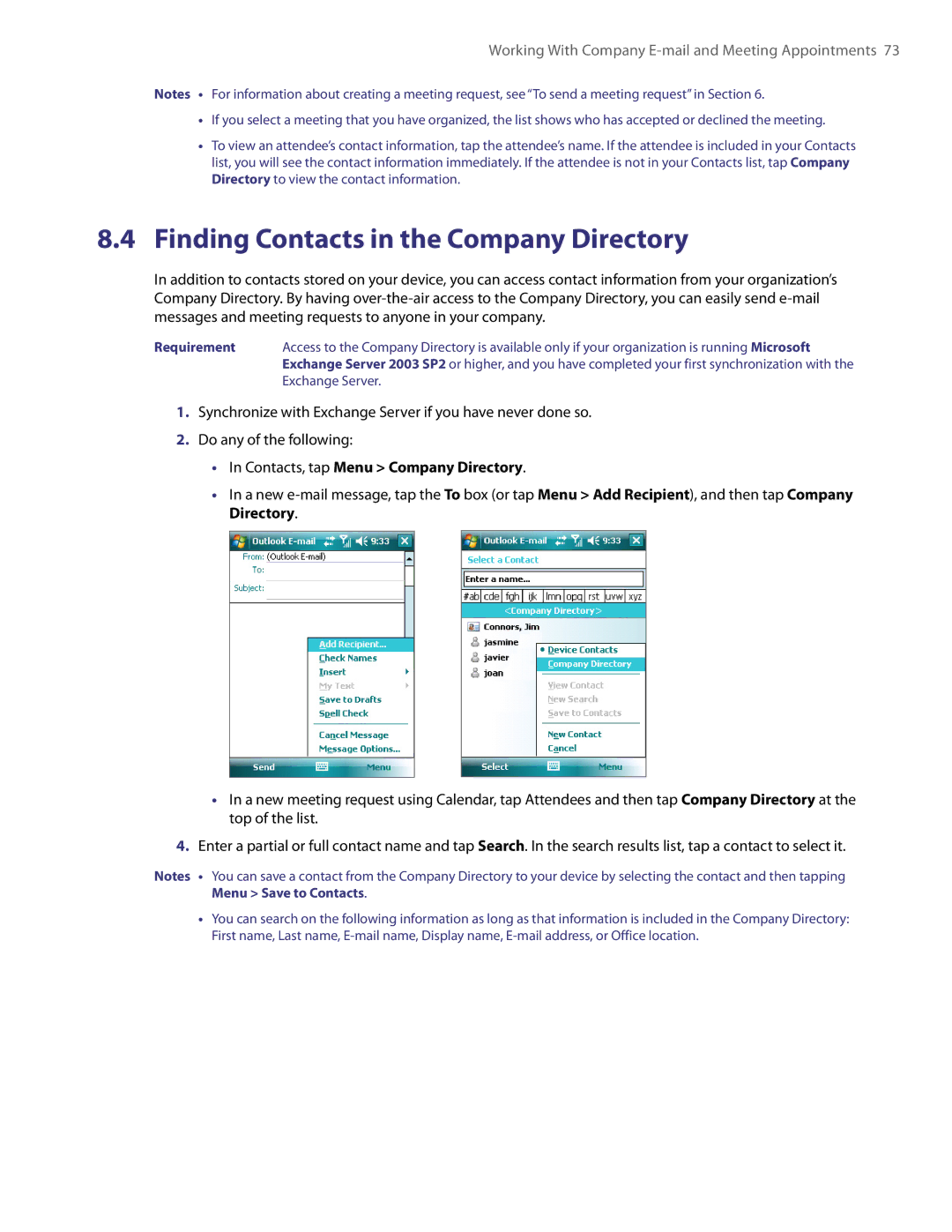 HTC TITA100 user manual Finding Contacts in the Company Directory, Contacts, tap Menu Company Directory 