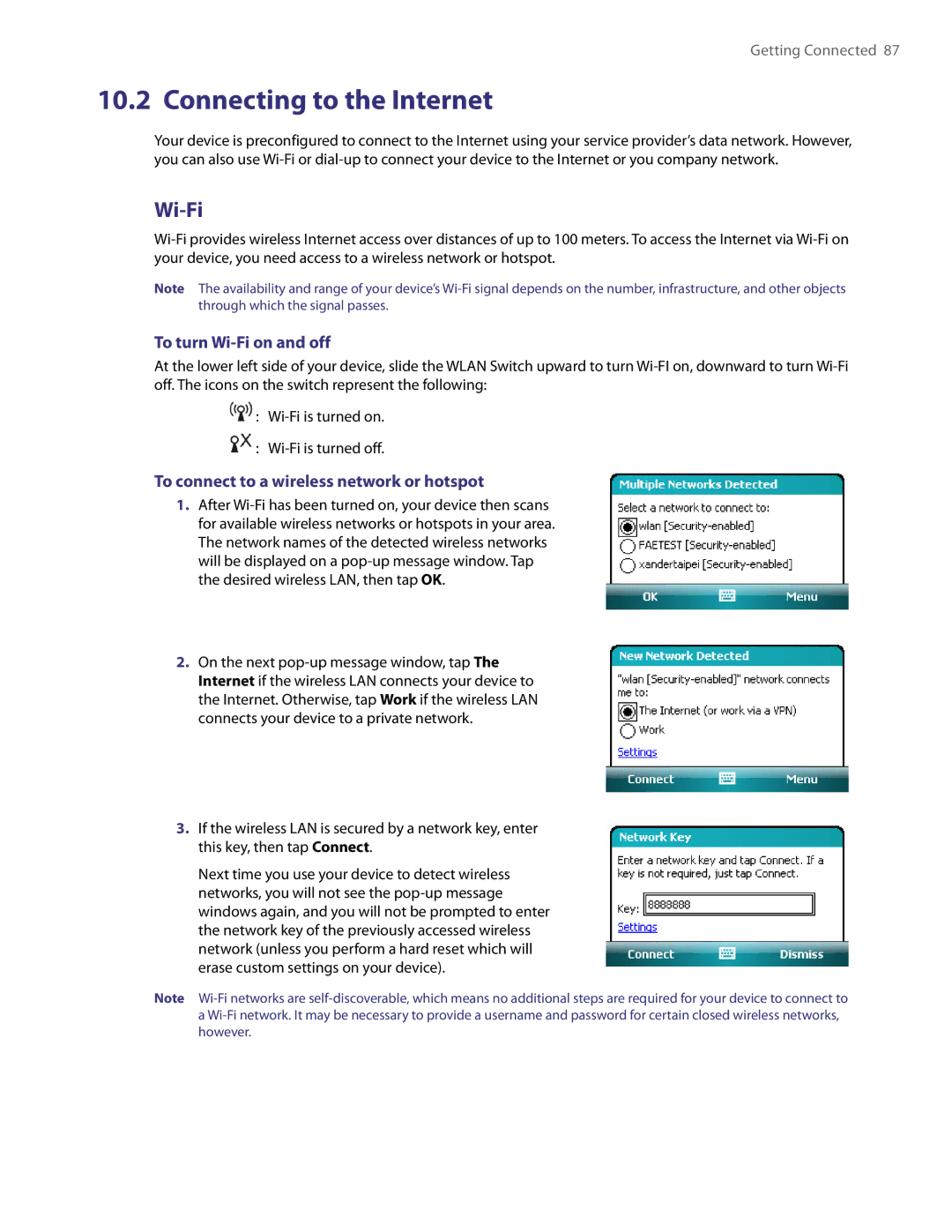 HTC TITA100 Connecting to the Internet, To turn Wi-Fi on and off, To connect to a wireless network or hotspot 