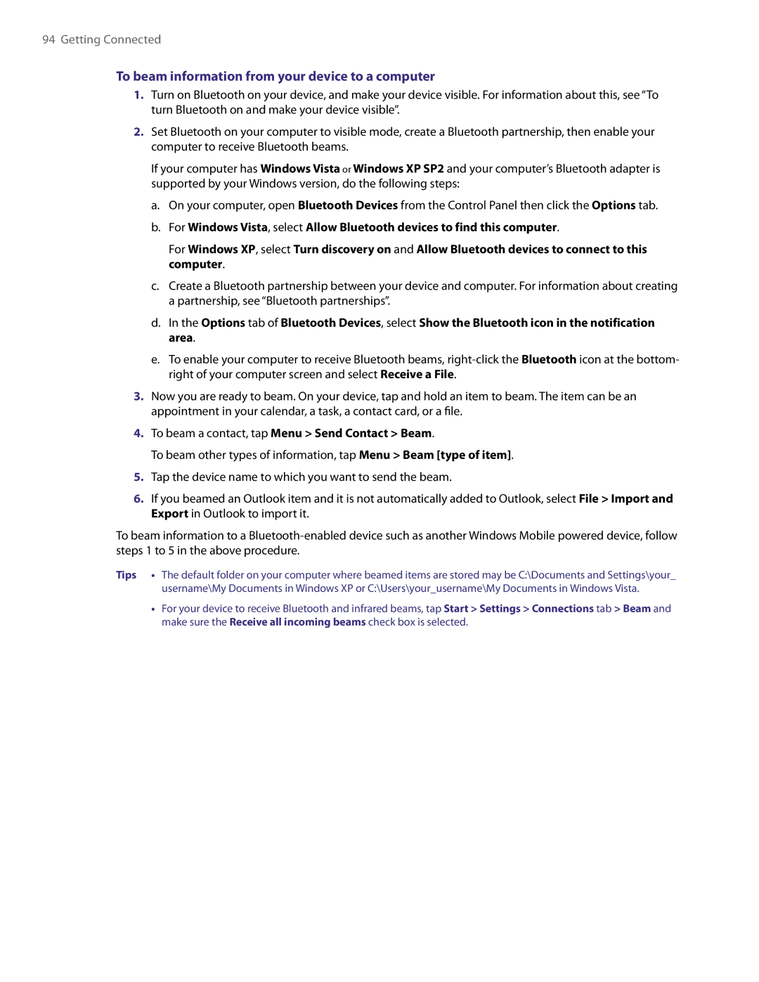 HTC TITA100 user manual To beam information from your device to a computer, To beam a contact, tap Menu Send Contact Beam 