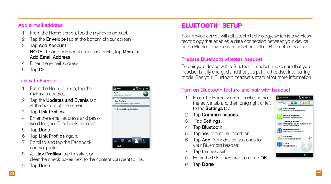 HTC TM1630 manual Bluetooth Setup, Add e-mail address, Link with Facebook, Prepare Bluetooth wireless headset 