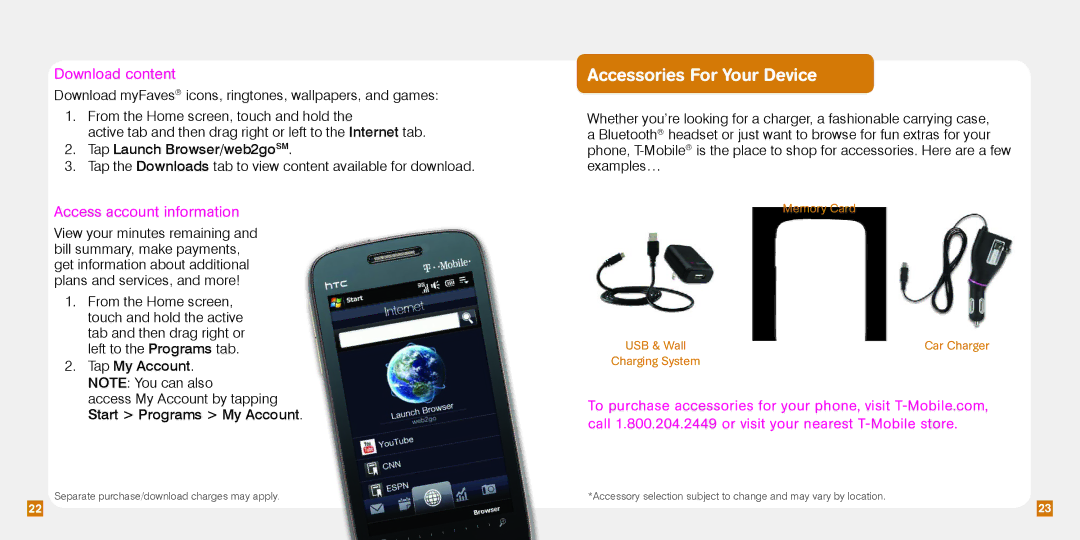 HTC TM1630 manual Accessories For Your Device, Download content, Access account information 