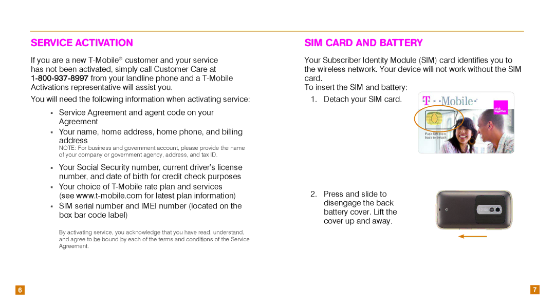 HTC TM1630 manual Service Activation, Sim Card and battery 