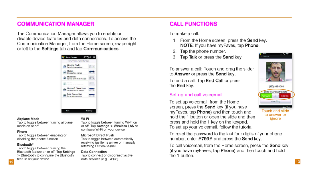 HTC TM1630 manual Communication manager, Call Functions, Set up and call voicemail 