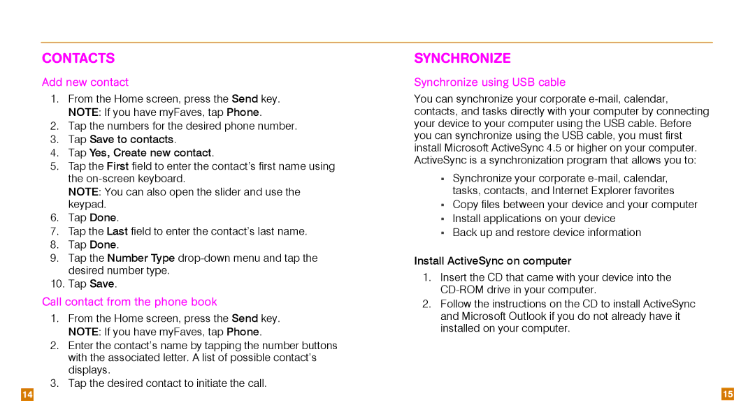 HTC TM1630 manual Contacts, Add new contact, Call contact from the phone book, Synchronize using USB cable 