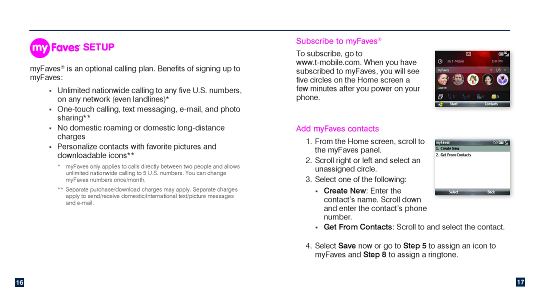 HTC TM1634 manual Setup, Subscribe to myFaves Add myFaves contacts 