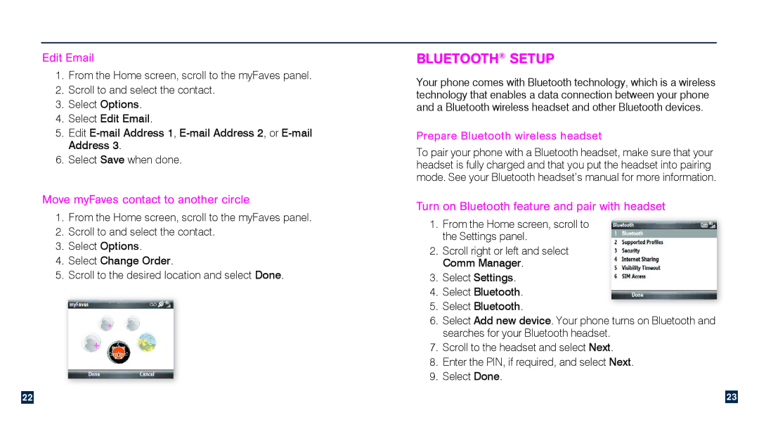 HTC TM1634 manual Bluetooth Setup, Edit Email, Move myFaves contact to another circle, Prepare Bluetooth wireless headset 