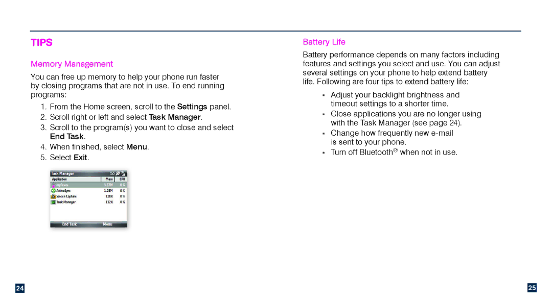 HTC TM1634 manual Tips, Memory Management, Battery Life 