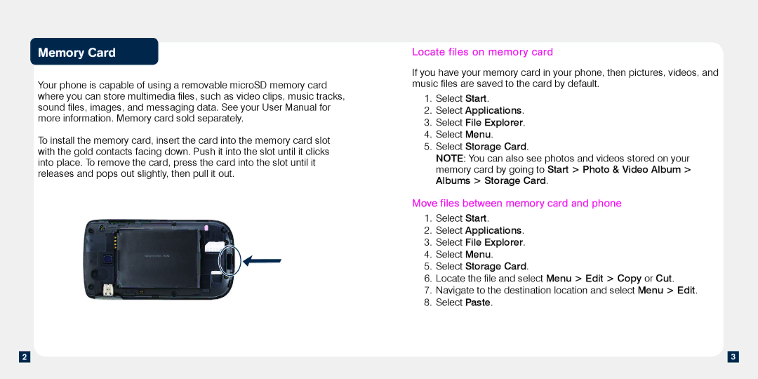 HTC TM1634 manual Memory Card, Locate files on memory card, Move files between memory card and phone 