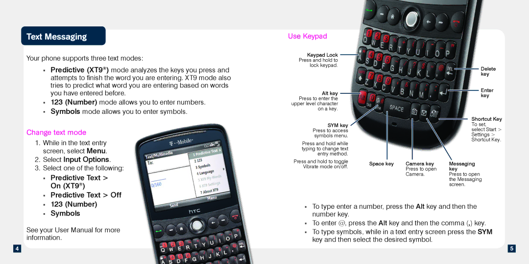 HTC TM1634 manual Text Messaging, Change text mode, Use Keypad 