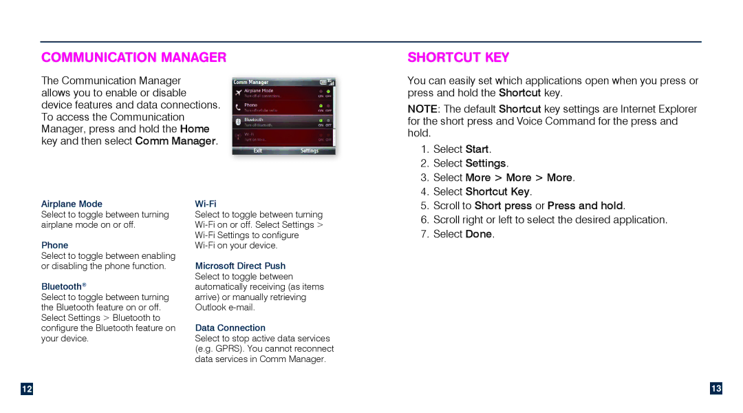 HTC TM1634 manual Communication manager, Shortcut Key 