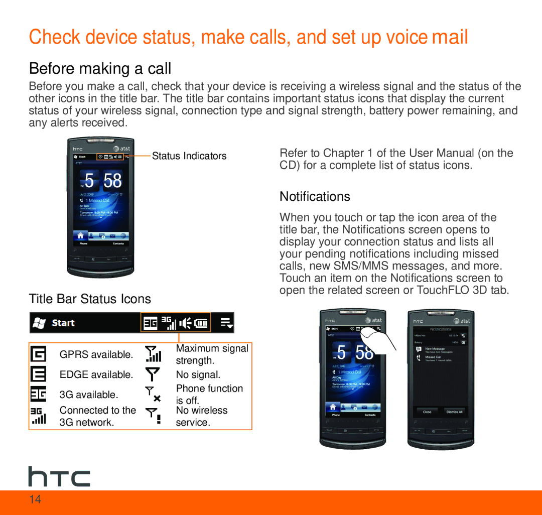 HTC TOPA210 quick start Check device status, make calls, and set up voicemail, Before making a call 