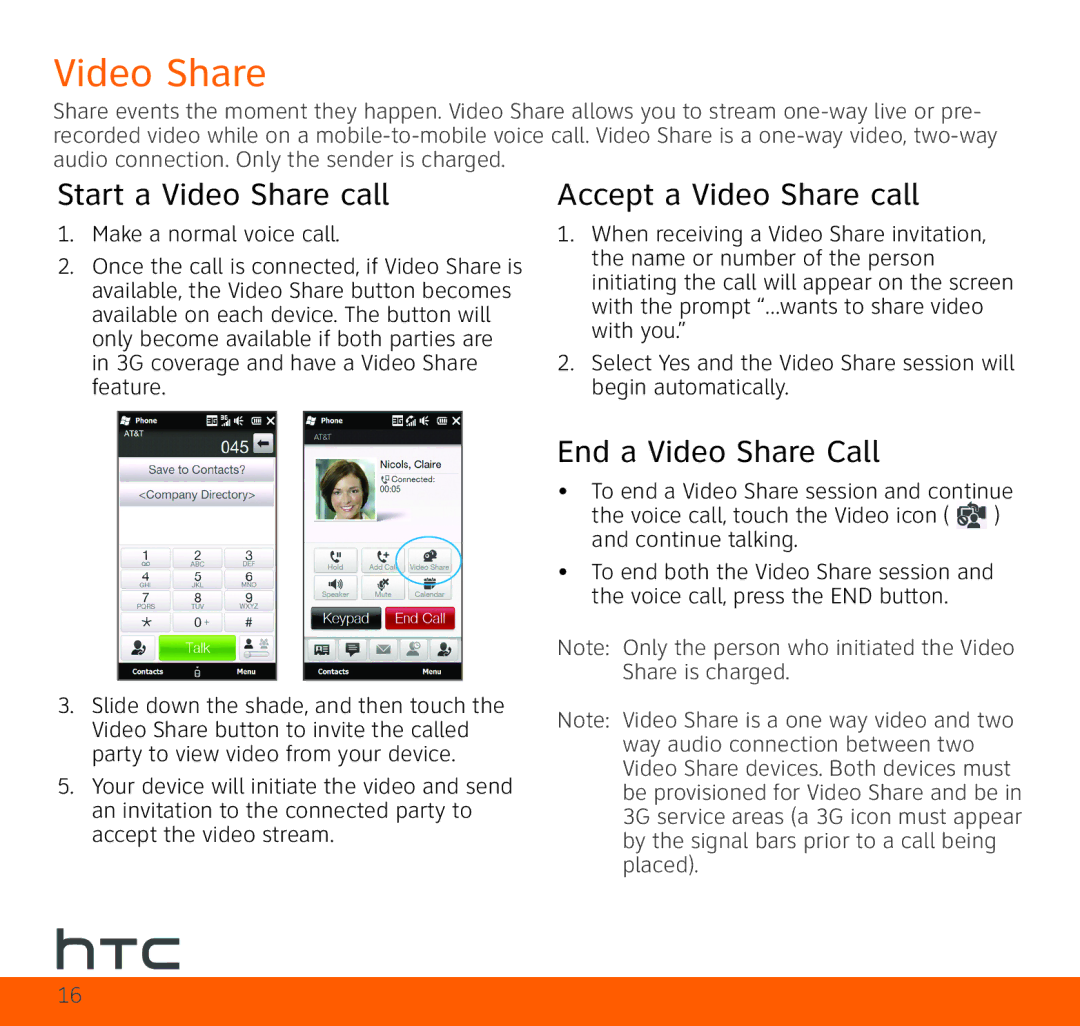 HTC TOPA210 Start a Video Share call, Accept a Video Share call, End a Video Share Call, Make a normal voice call 