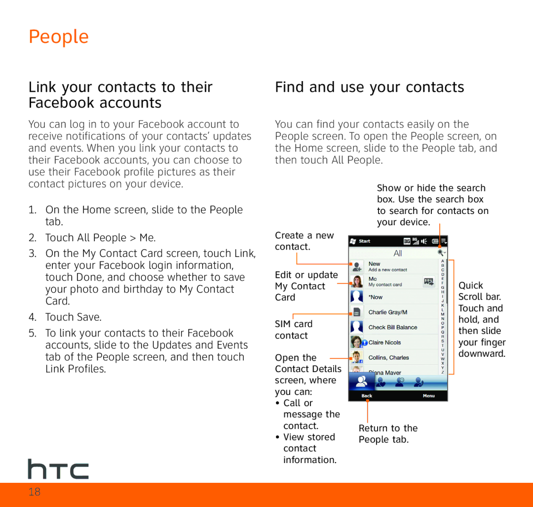 HTC TOPA210 quick start Link your contacts to their Facebook accounts, Find and use your contacts 