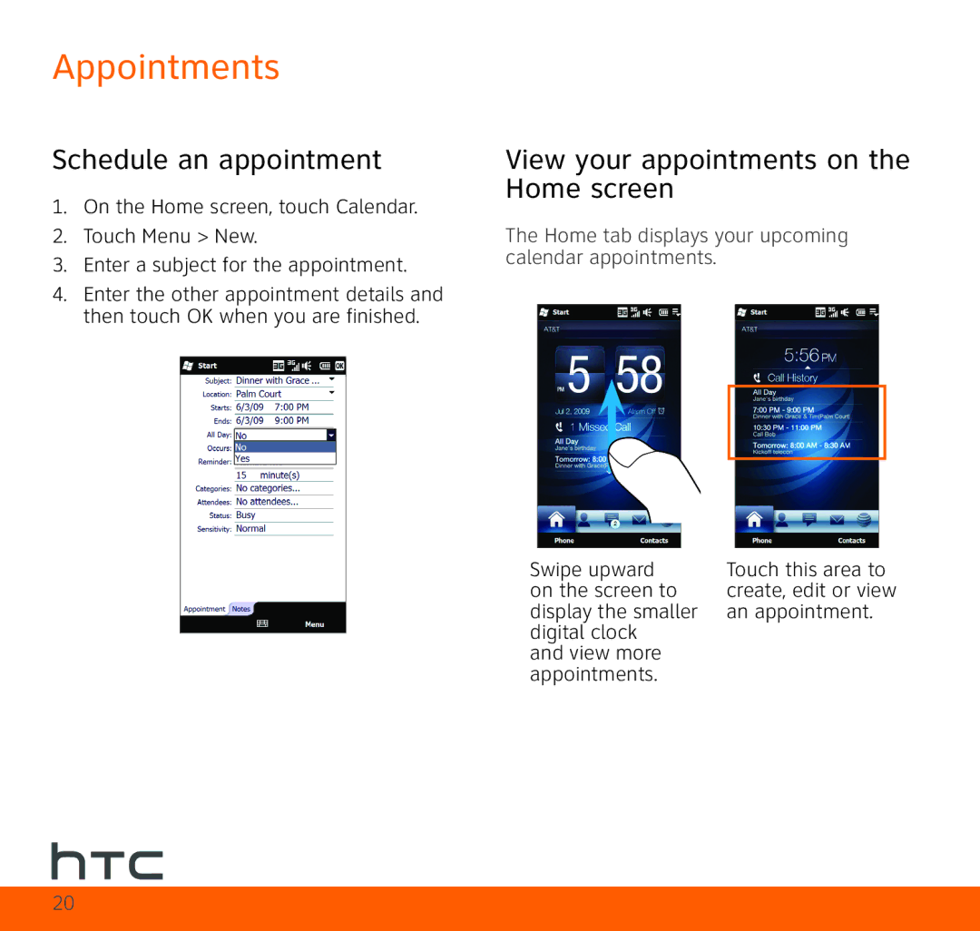 HTC TOPA210 quick start Appointments, Schedule an appointment, View your appointments on the Home screen 