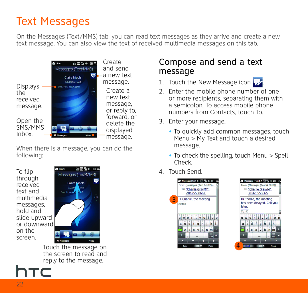 HTC TOPA210 quick start Text Messages, Compose and send a text message 