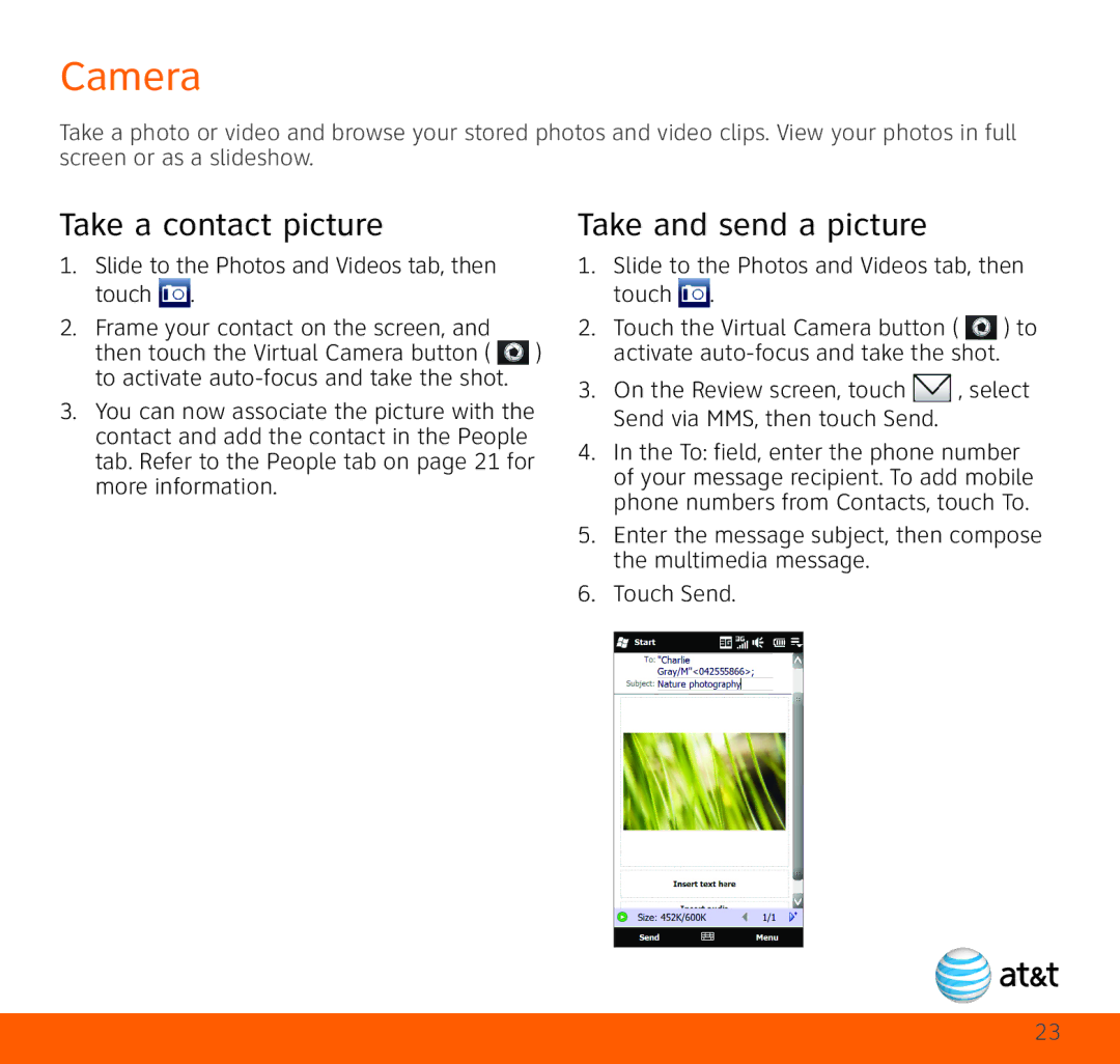 HTC TOPA210 Camera, Take a contact picture, Take and send a picture, Slide to the Photos and Videos tab, then touch 