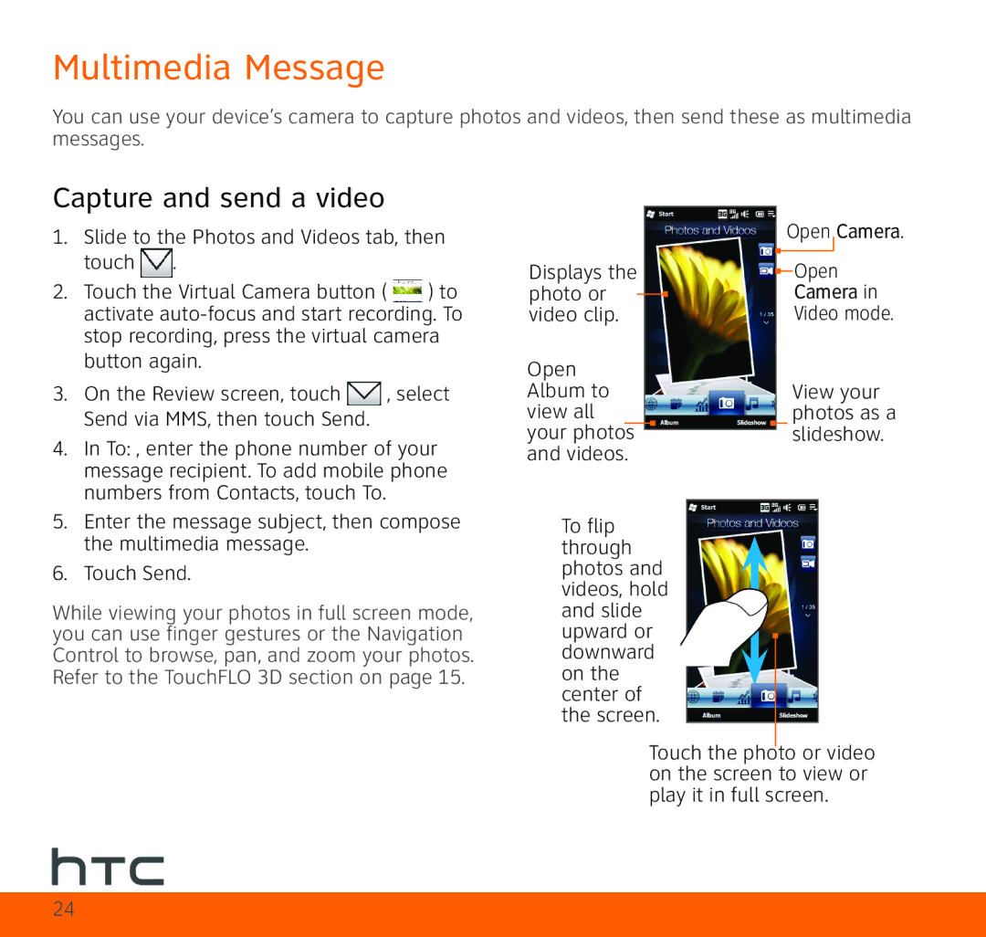 HTC TOPA210 quick start Multimedia Message, Capture and send a video, Photo or Camera Video clip, Slideshow 