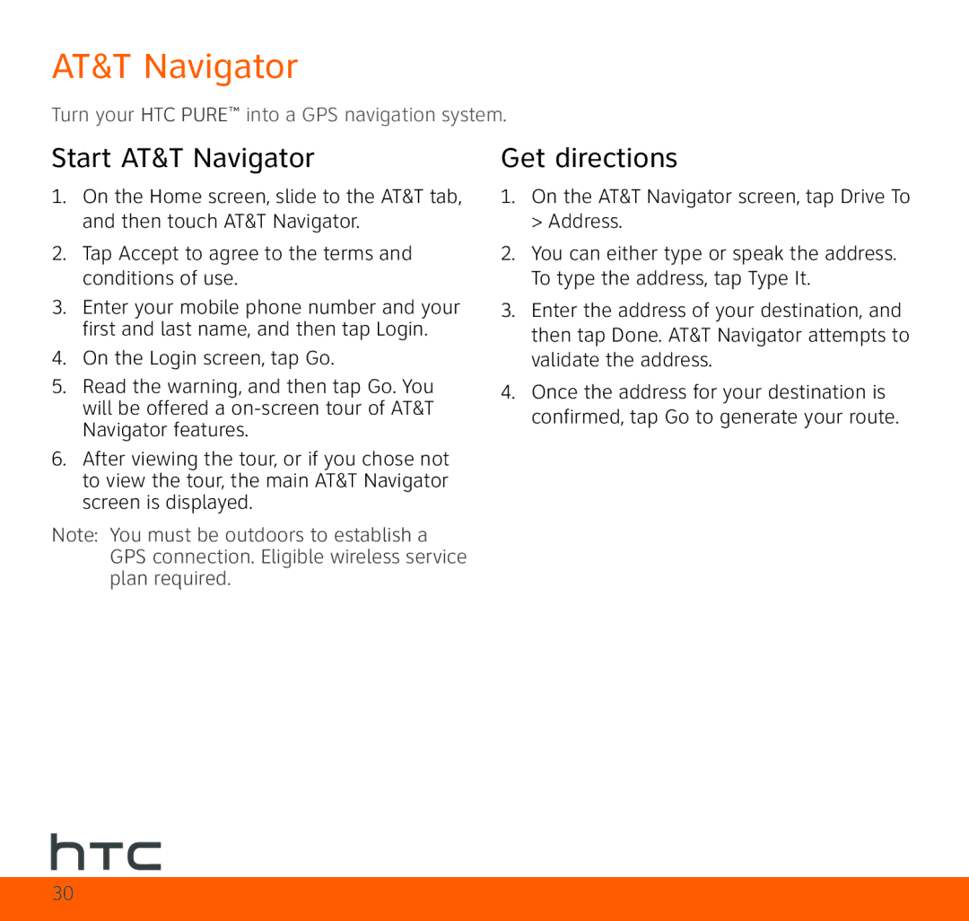 HTC TOPA210 quick start Start AT&T Navigator, Get directions, On the AT&T Navigator screen, tap Drive To Address 