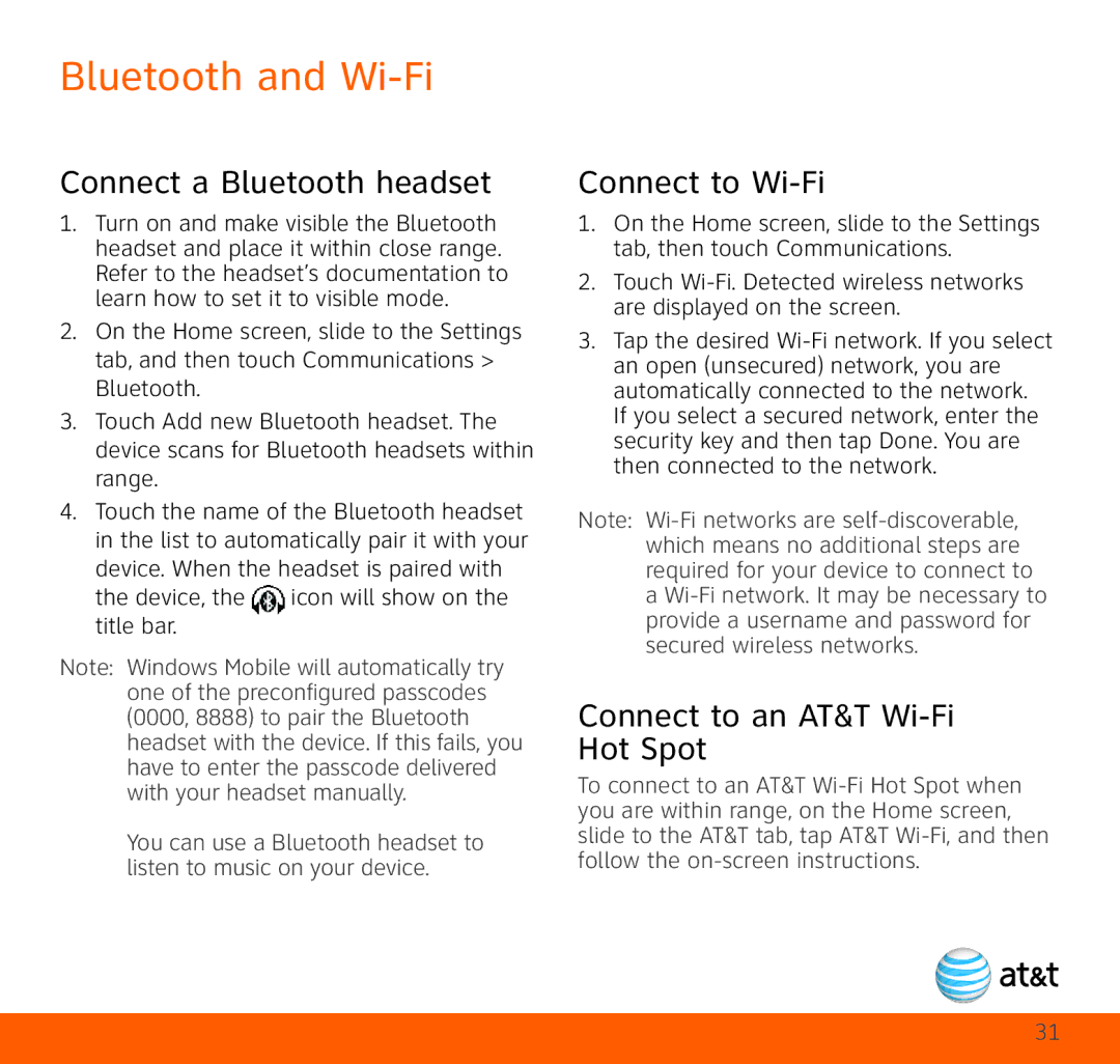 HTC TOPA210 Bluetooth and Wi-Fi, Connect a Bluetooth headset, Connect to Wi-Fi, Connect to an AT&T Wi-Fi Hot Spot 