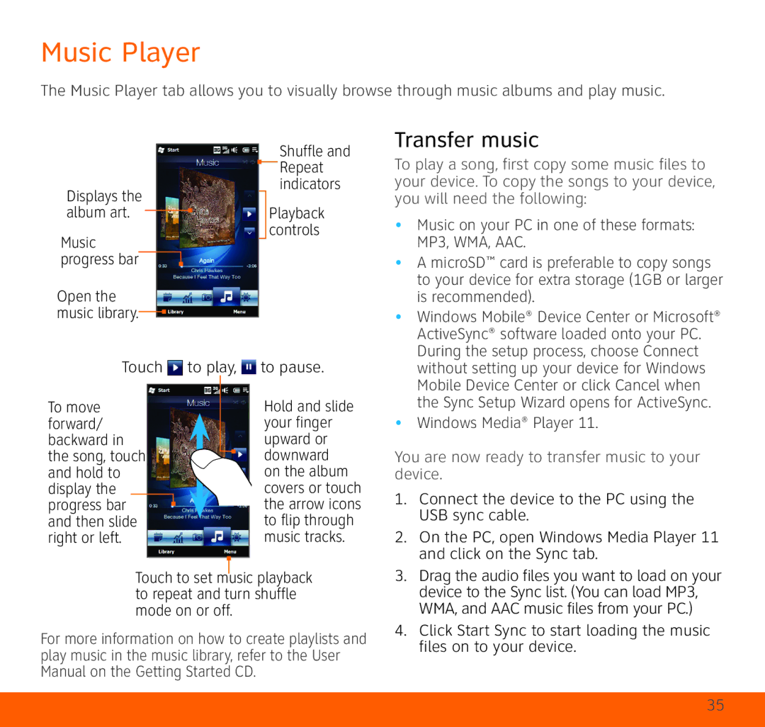 HTC TOPA210 quick start Music Player, Transfer music 