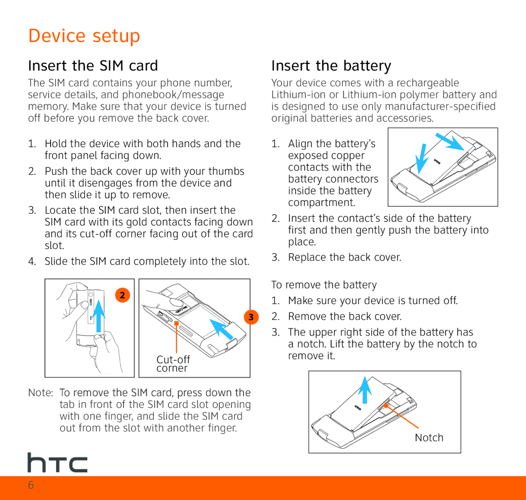 HTC TOPA210 quick start Device setup, Insert the SIM card, Insert the battery 