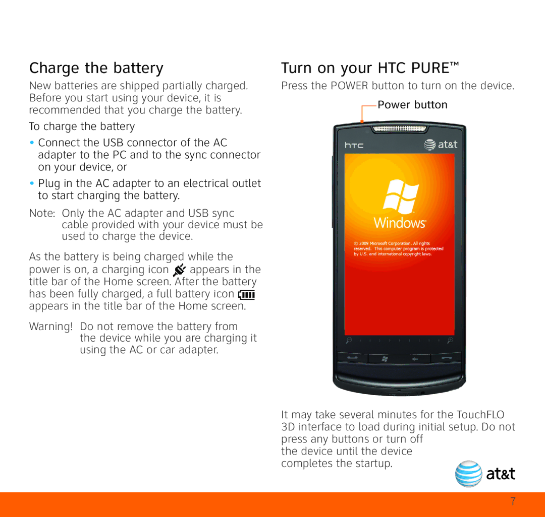 HTC TOPA210 quick start Charge the battery, Turn on your HTC Pure, Power button 