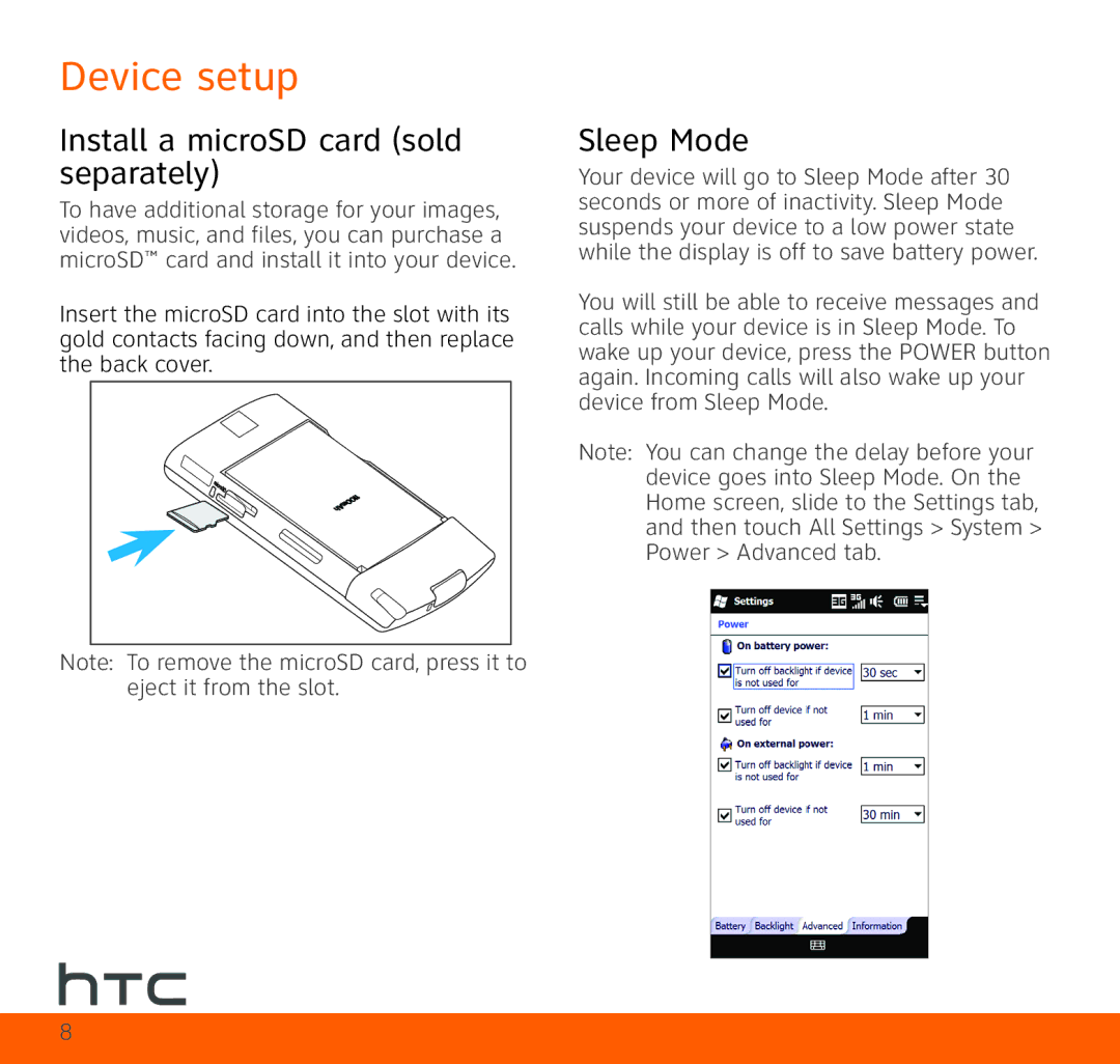 HTC TOPA210 quick start Install a microSD card sold separately, Sleep Mode 