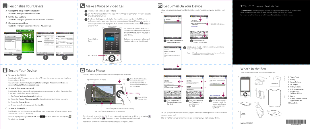 HTC Touch Cruise user manual Personalize Your Device, Make a Voice or Video Call, Get E-mail On Your Device, Take a Photo 