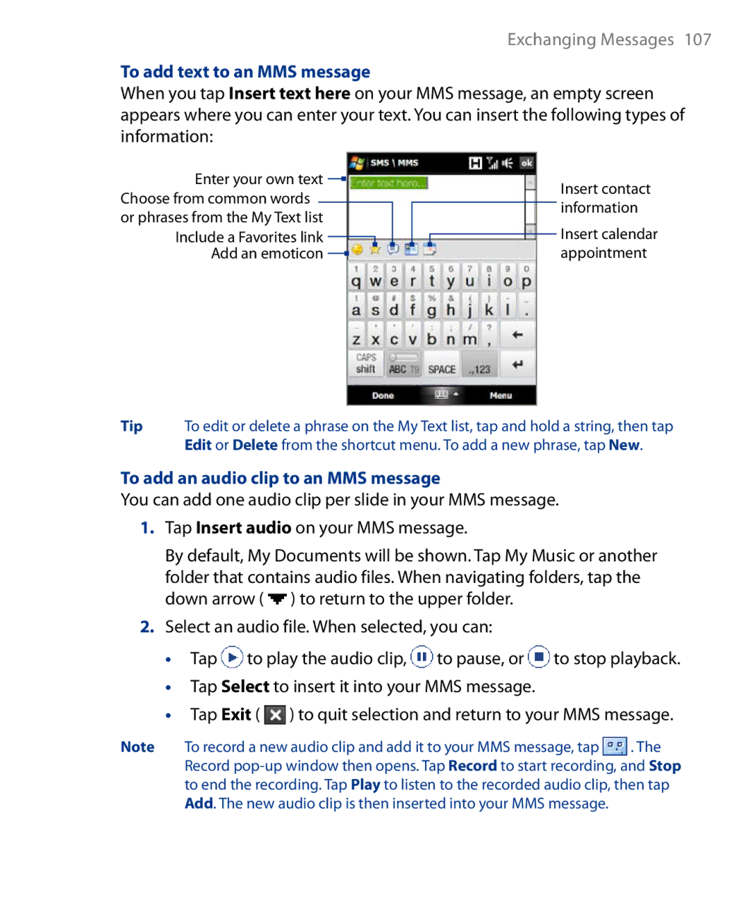 HTC Touch Diamond Phone user manual To add text to an MMS message, To add an audio clip to an MMS message 