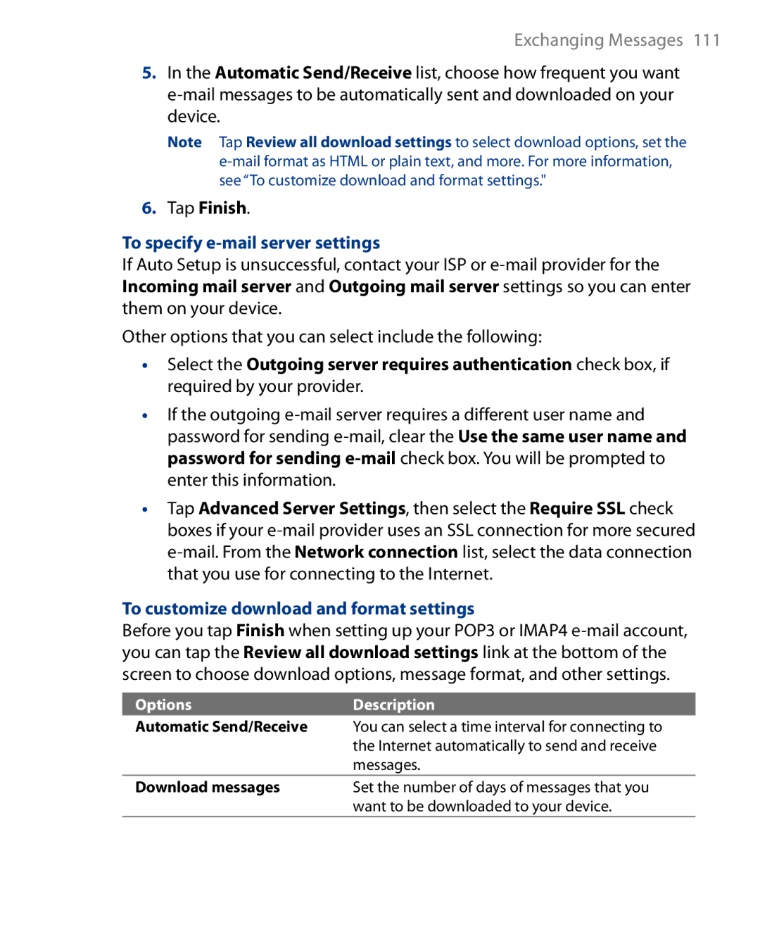 HTC Touch Diamond Phone Tap Finish, To specify e-mail server settings, To customize download and format settings 