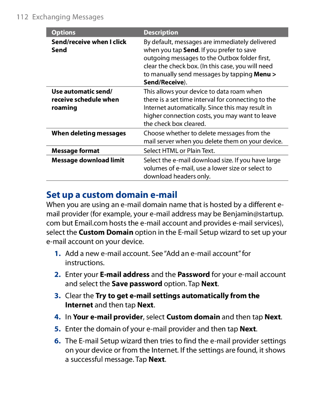 HTC Touch Diamond Phone user manual Set up a custom domain e-mail, Send 