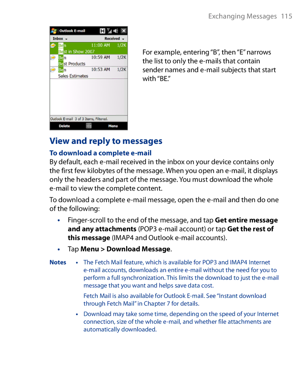 HTC Touch Diamond Phone user manual View and reply to messages, To download a complete e-mail, Tap Menu Download Message 